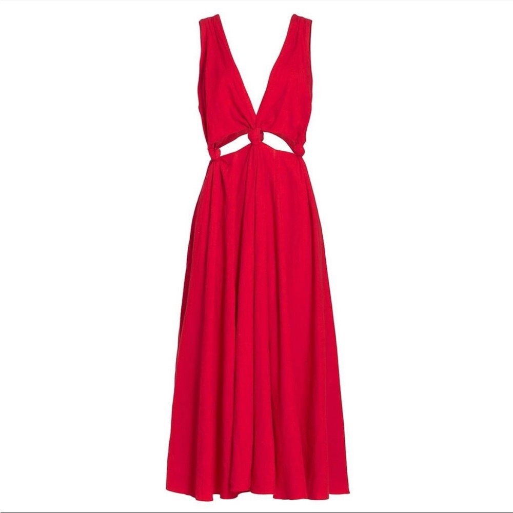 Farm Rio Red Knotted Cut- Out Linen Midi Dress